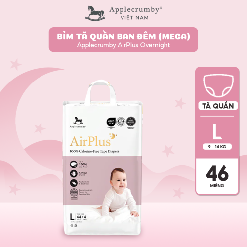 Bỉm tã quần đêm Applecrumby Airplus Overnight Mega Pull Ups size L – 40+6 miếng (9 – 14kg)