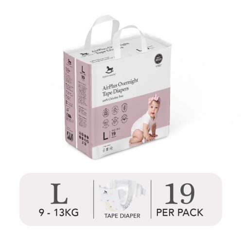 Bỉm tã dán đêm Applecrumby Airplus Overnight Mini Tape size L – 19 miếng (9 – 13kg)