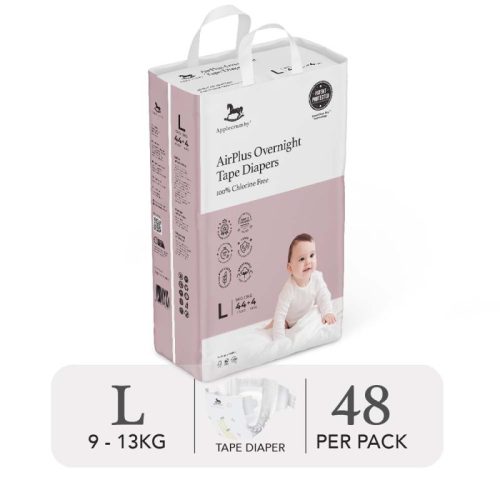 Bỉm tã dán đêm Applecrumby Airplus Overnight Mega Tape size L – 48 miếng (9 – 13kg)