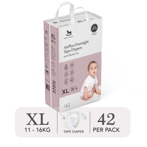 Bỉm tã dán đêm Applecrumby Airplus Overnight Mega Tape size XL – 42 miếng (11 – 16kg)