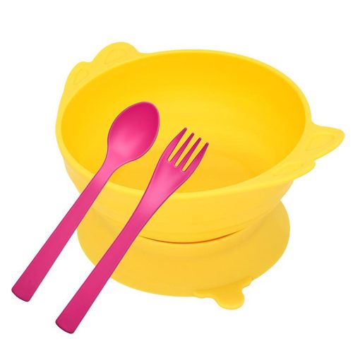 Set tô lớn muỗng nĩa Uinlui cho bé ăn dặm đế dính, vàng