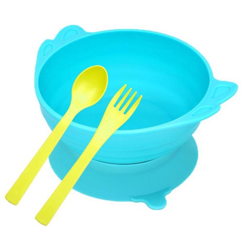 Set tô lớn muỗng nĩa Uinlui cho bé ăn dặm đế dính, xanh dương