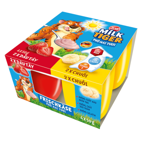 Sữa chua Phô mai tươi trái cây Tiger dâu chuối, 50gx4 hộp