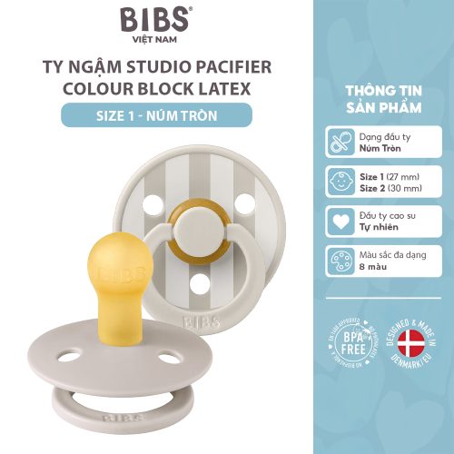 Ty ngậm Núm tròn cao su tự nhiên BIBS Studio Pacifier Colour Block Latex Size 1 (0-6 tháng), Sand/Ivory