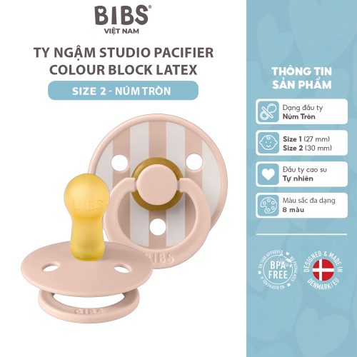 Ty ngậm Núm tròn cao su tự nhiên BIBS Studio Pacifier Colour Block Latex Size 2 (trên 6 tháng), Blush/Ivory