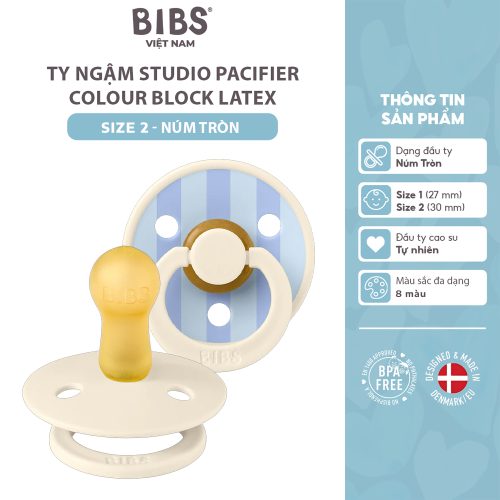 Ty ngậm Núm tròn cao su tự nhiên BIBS Studio Pacifier Colour Block Latex Size 2 (trên 6 tháng), Ivory/Dusty Blue
