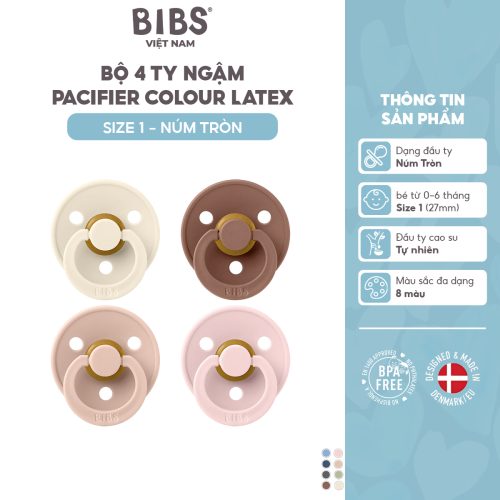 Bộ 4 ty ngậm núm tròn cao su BIBS Colour Latex Size 2 (trên 6 tháng), Ivory/Blush/Woodchuck/Blossom.