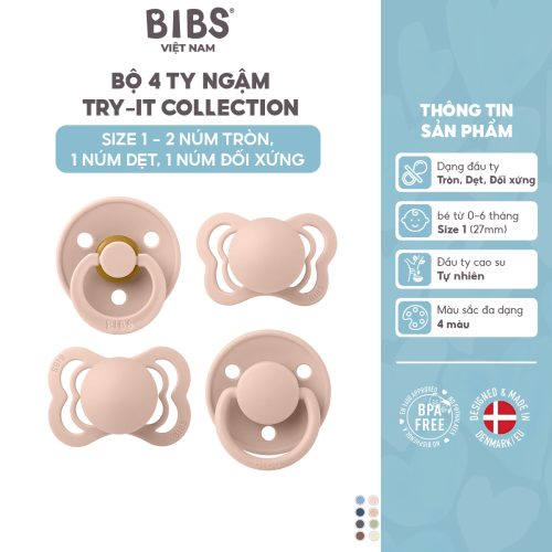 Bộ 4 ty ngậm 2 cao su, 2 silicone (2 tròn, 1 dẹt, 1 đối xứng) BIBS Try-it Collection Size 1 (0-6 tháng), Blush.