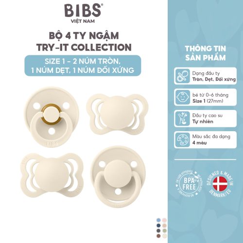 Bộ 4 ty ngậm 2 cao su, 2 silicone (2 tròn, 1 dẹt, 1 đối xứng) BIBS Try-it Collection Size 2 (trên 6 tháng), Ivory.