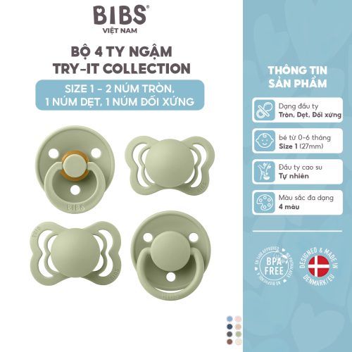 Bộ 4 ty ngậm 2 cao su, 2 silicone (2 tròn, 1 dẹt, 1 đối xứng) BIBS Try-it Collection Size 1 (0-6 tháng), Sage