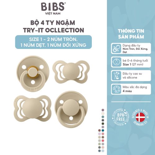 Bộ 4 ty ngậm 2 cao su, 2 silicone (2 tròn, 1 dẹt, 1 đối xứng) BIBS Try-it Collection Size 1 (0-6 tháng), Vanilla.