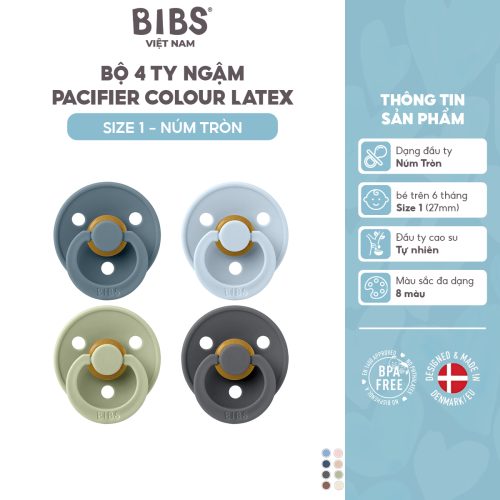 Bộ 4 ty ngậm núm tròn cao su BIBS Colour Latex Size 2 (trên 6 tháng), Petrol/Sage/Baby Blue/Iron.