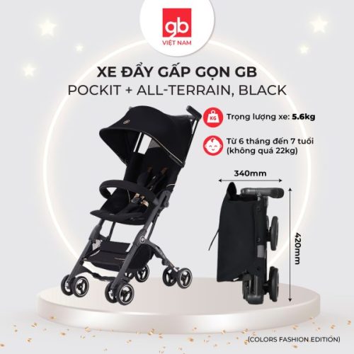 Xe đẩy gấp gọn GB Pockit + All – Terrain, Black, Dây đai vàng đồng