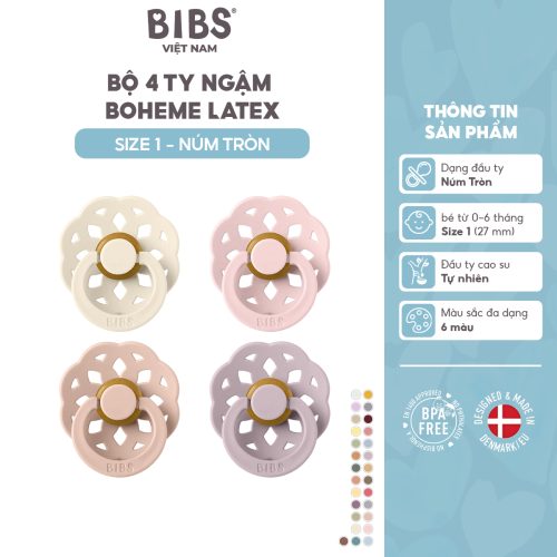 Bộ 4 ty ngậm núm tròn cao su BIBS Colour Boheme Latex Size 2 (trên 6 tháng), Ivory/Blush/Blossom/Dusky Lilac.