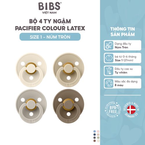 Bộ 4 ty ngậm núm tròn cao su BIBS Colour Latex Size 2 (trên 6 tháng), Ivory/Sand/Baby Blue/Iron.