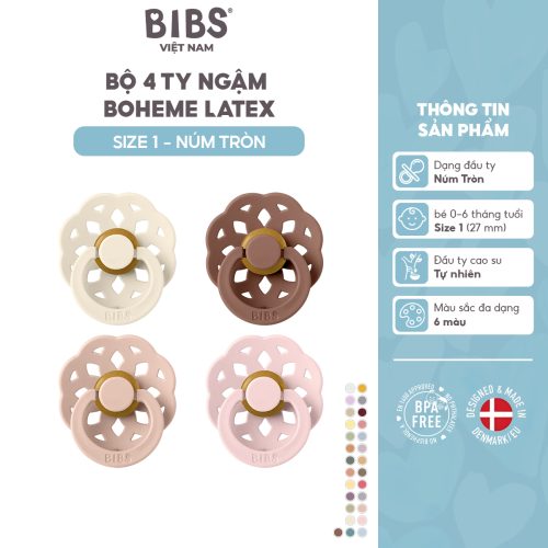 Bộ 4 ty ngậm núm tròn cao su BIBS Colour Boheme Latex Size 2 (trên 6 tháng), Ivory/Blush/Woodchuck/Blossom.