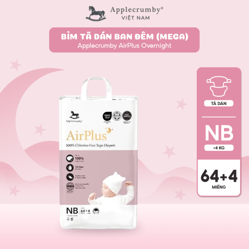 Bỉm tã dán đêm Applecrumby Airplus Overnight Mega Tape size NB – 64+4 miếng (dưới 4kg)